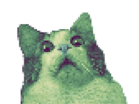 a green cat is looking up at a black background